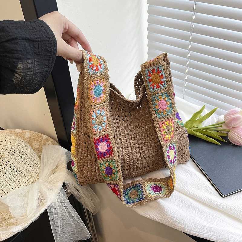 Large Capacity Fashion Boho Tote Bag Trendy Floral Crochet Handmade Knitted Bag Vintage Multicolor Hollow Out Handbag G250729