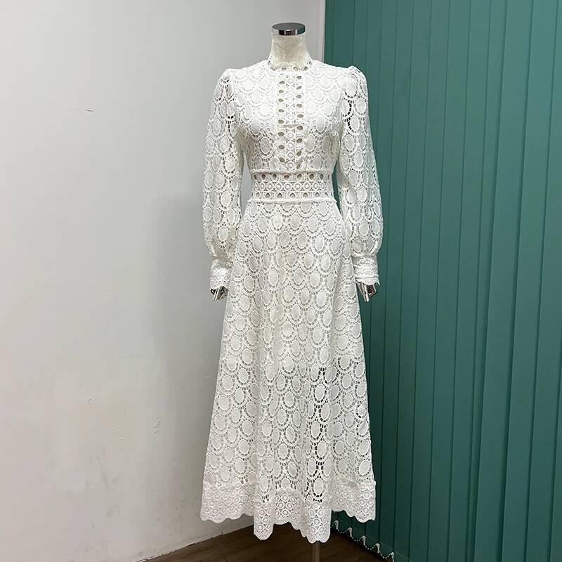 Lace Hollow Out Long Dresses Women 2025 Spring Holiday Full Sleeve Embroidery Elegant Party Vestidos Wedding Robe White ddmysept