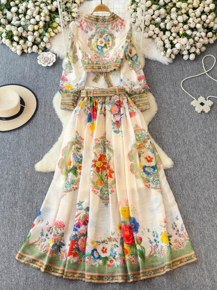 2025 Spring French Style Elegant Dress Two Piece Sets Notched Collar Long Sleeve Top High Waist A-line Skirts Vintage Print Suit 250728