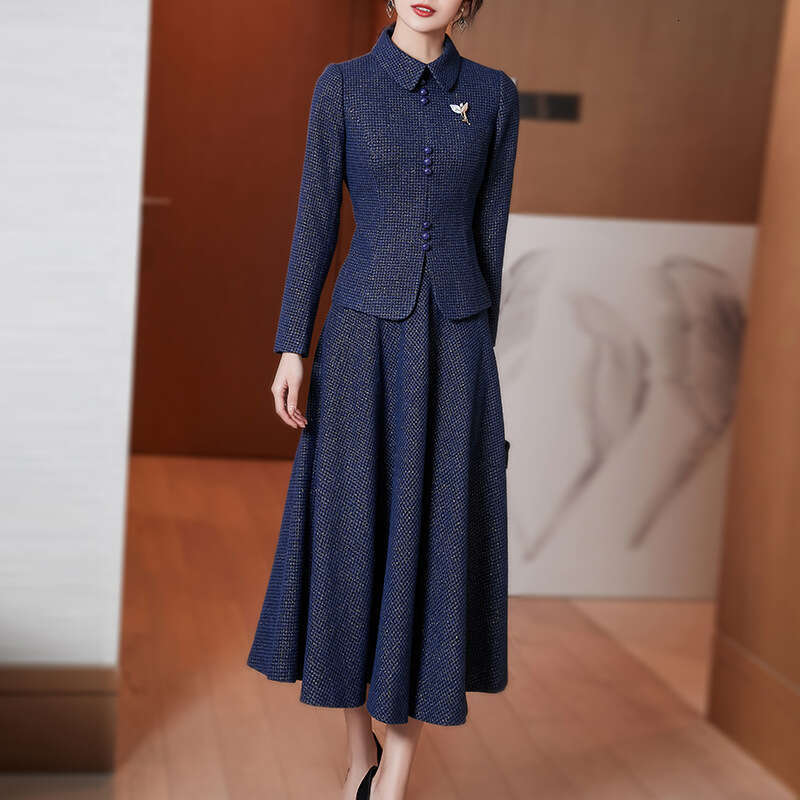 Blue Tweed Style Woolen Suit Autumn New Elegant and Dignified High-end Slimming Two-piece Set for Women