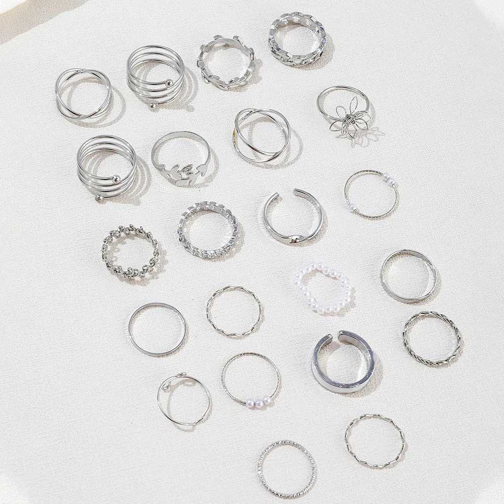 Silver Color Geometric Knuckle Ring Set for Women Artificial Pearl Simple Chain Finger Ring Bohemian Jewelry Accessories y250730