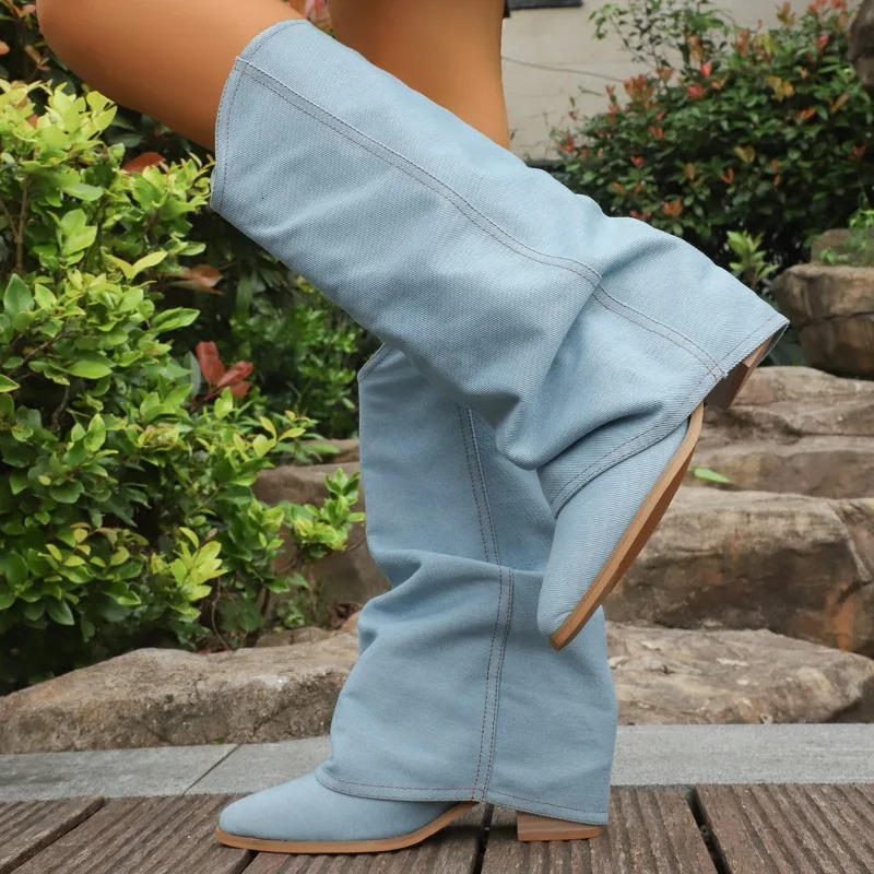 Trouser Heel Boots Women Pointed Toe Block Heel Vintage Versatile No Knee Western Denim Tall Knight Boots 250729
