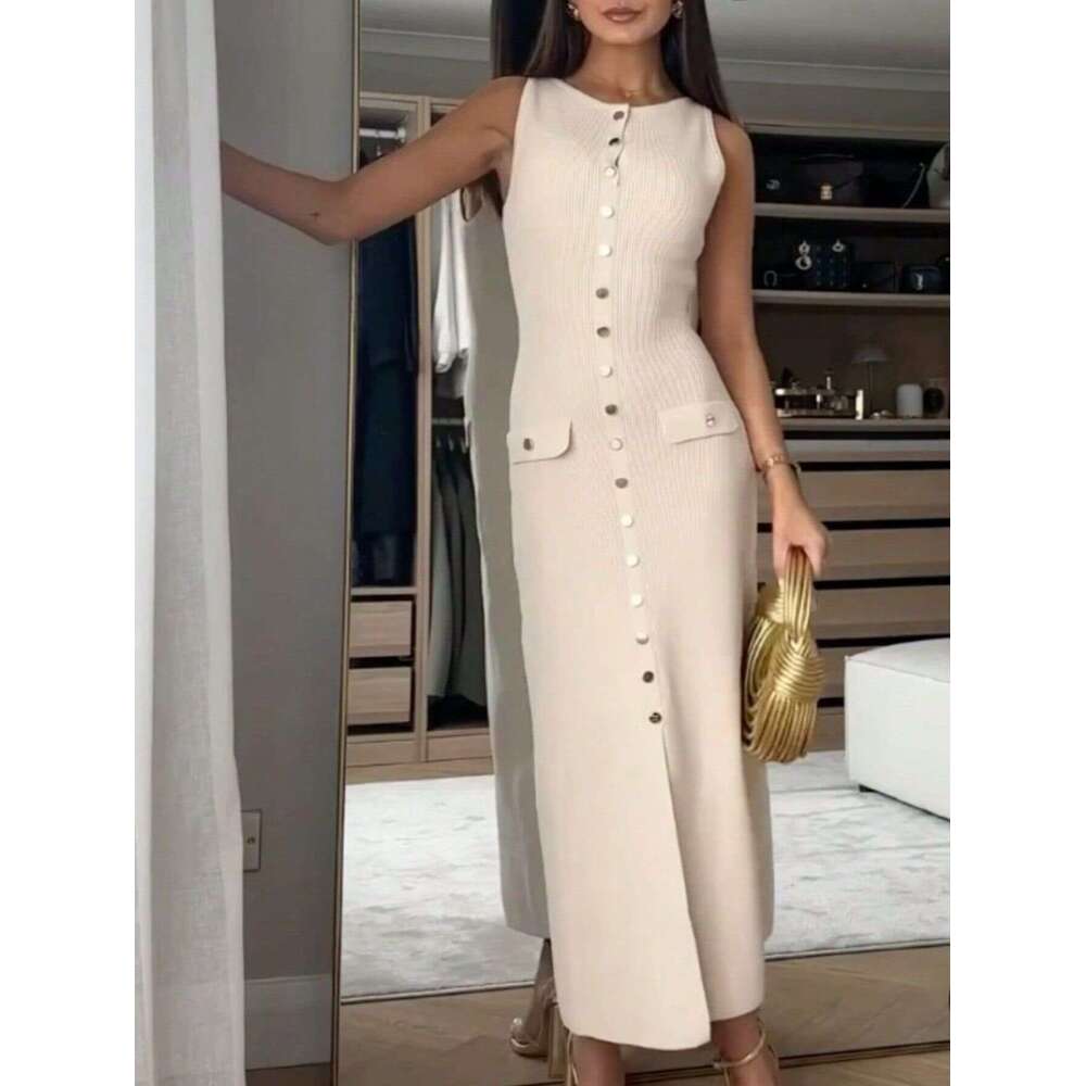 Elegant Women's Knitted Ribbed Long Round Neck Sleeveless Button Slim Fit Dress