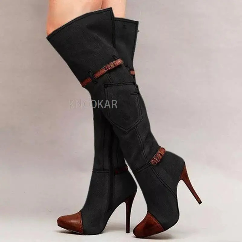 denim boots with high heels fashionable knee length womens boots autumn and winter denim high heels sexy buttons 250729