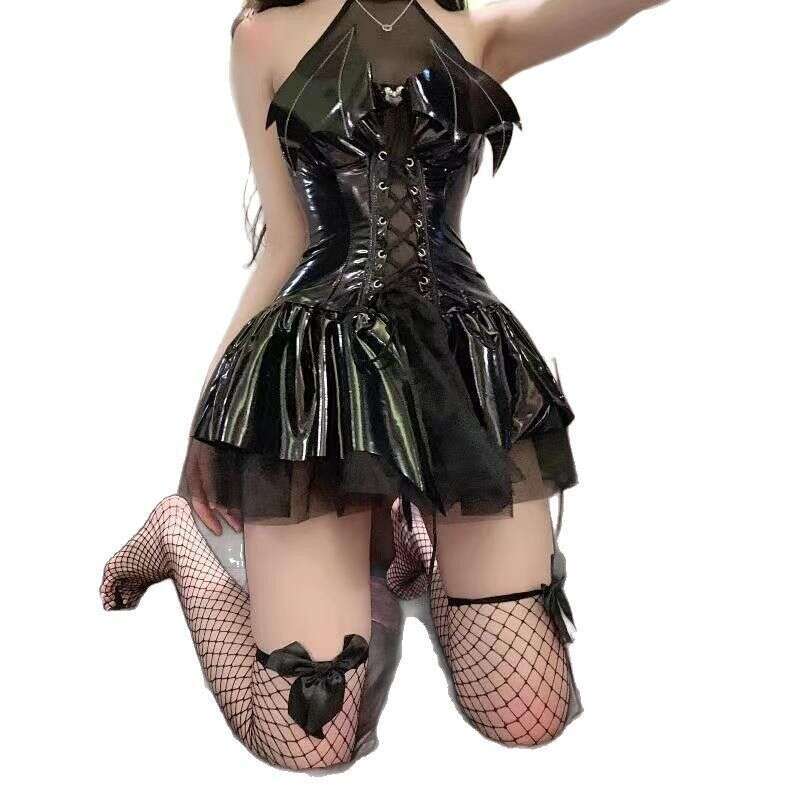 Ranshuo Sexy Lingerie Patent Devil Wings Uniform Cosplay Sheer Dress Halter Leather Jacket Set Short rompers