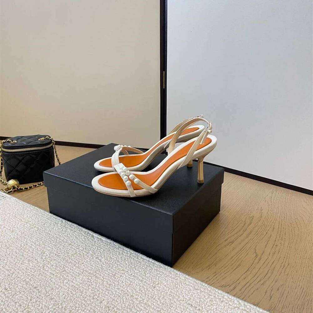 New Women Size34-41 Genuine Leather Sandals High Heels Pearl Pumps Slingbacks Summer Designer Shoes Zapatillas De Mujer bd8