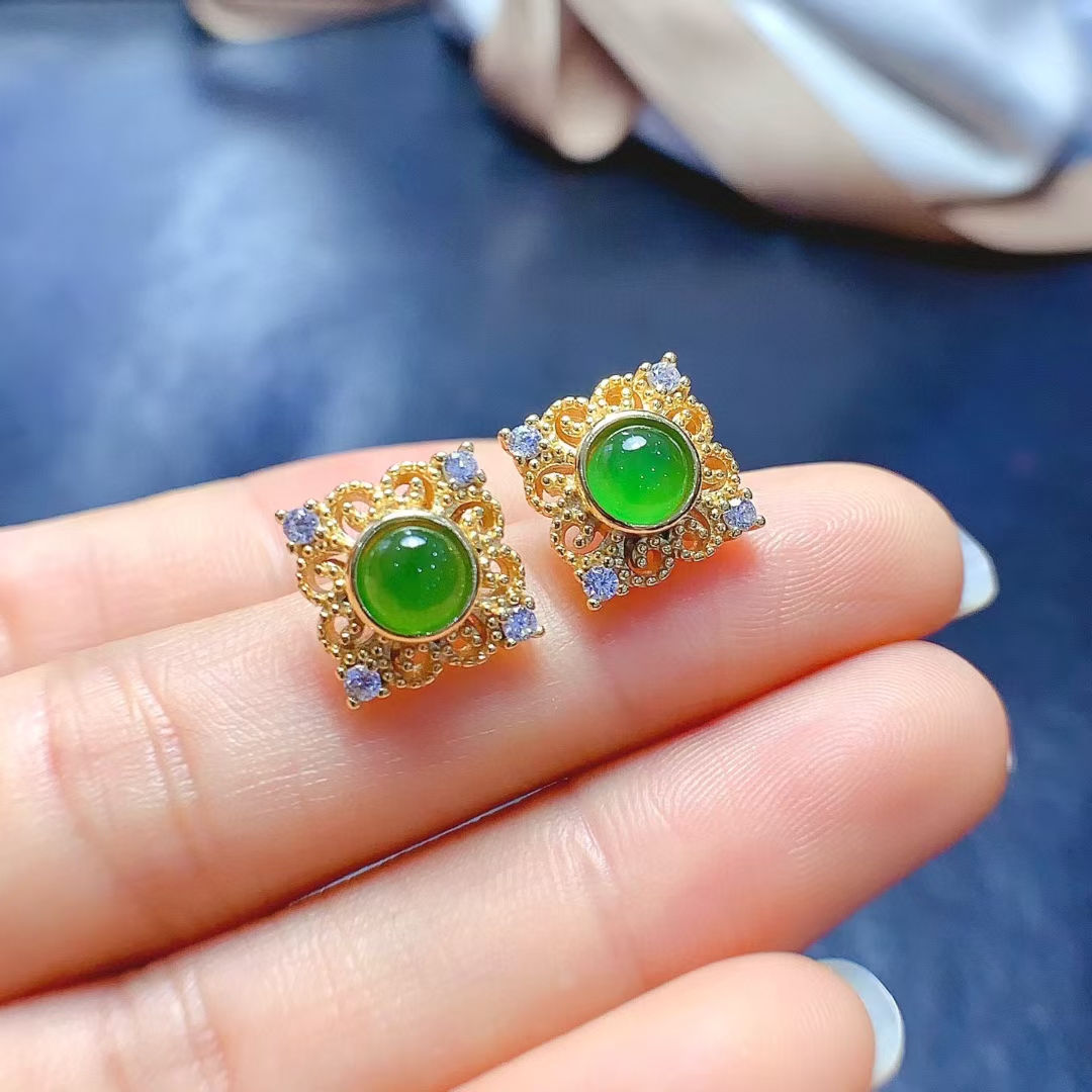 Natural green jade stud earrings for daily wear 5mm genuine jade 925 silver earrings with 18K gold plating