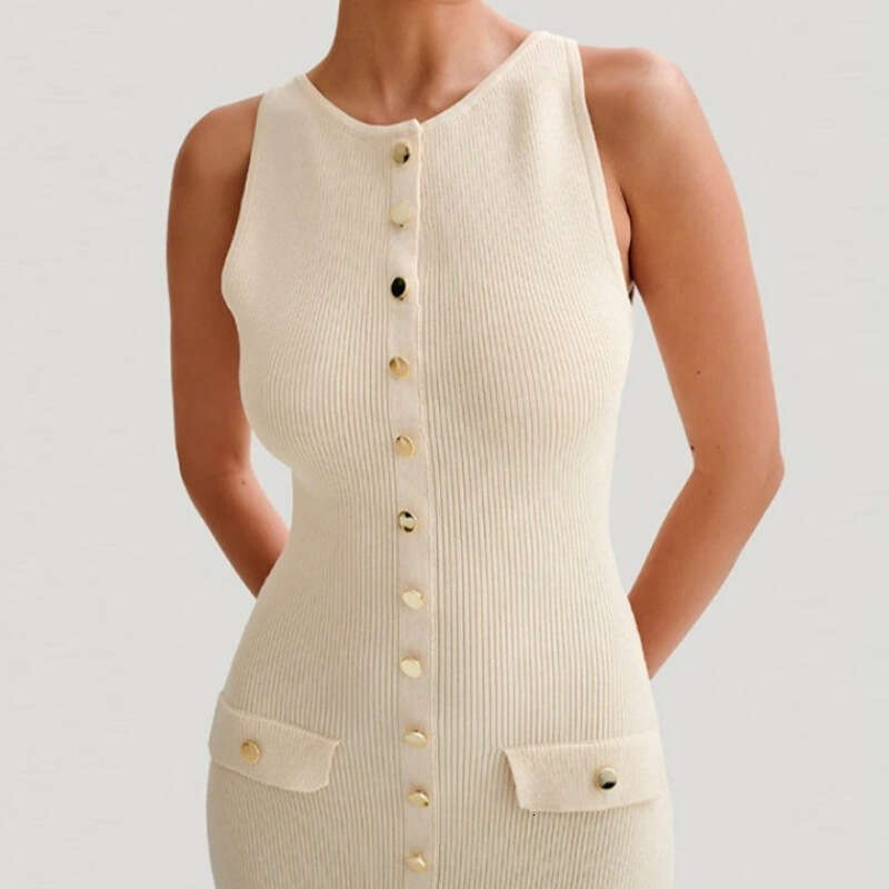 Women's Metal Buckle Decorated Knitted Round Neck Sleeveless Single-Breasted Long Dress