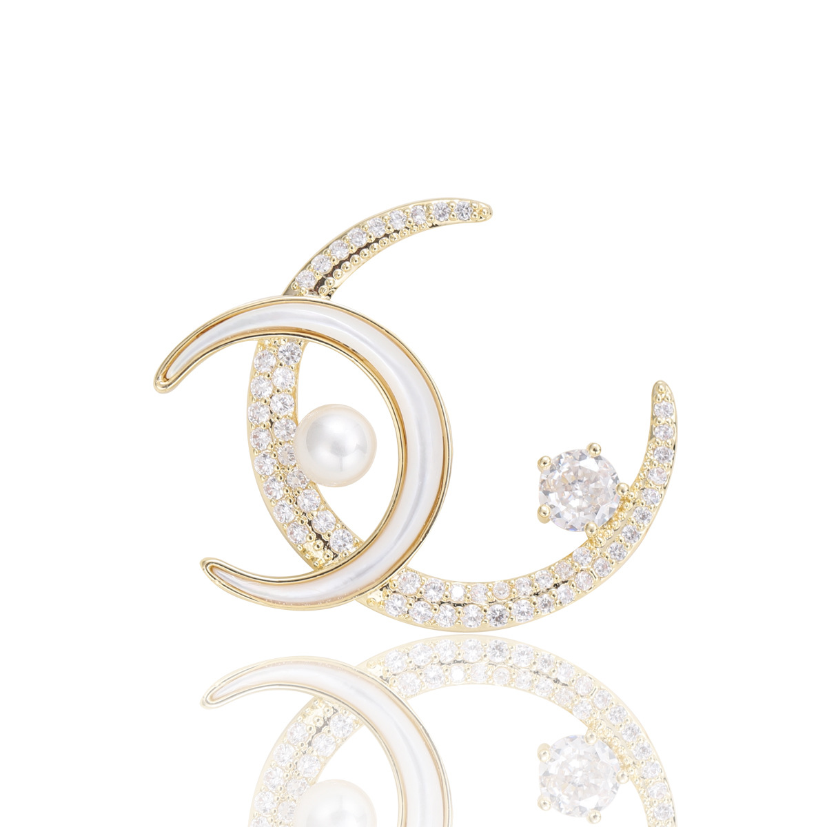 Gold Tone Classic Shaped Brooch With Pearl, Mother - Of - Pearl Rhinestone Accents Elegant Jewelry And Gift For Her High Quality Stylish Jewelry