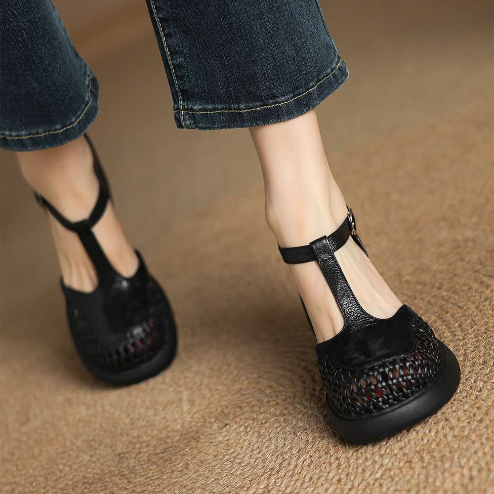 Genuine Leather Hollow Out Peep Sandals 2025 Summer New Round Toe Thick Sole Chunky Heel Thong Strap High Heels