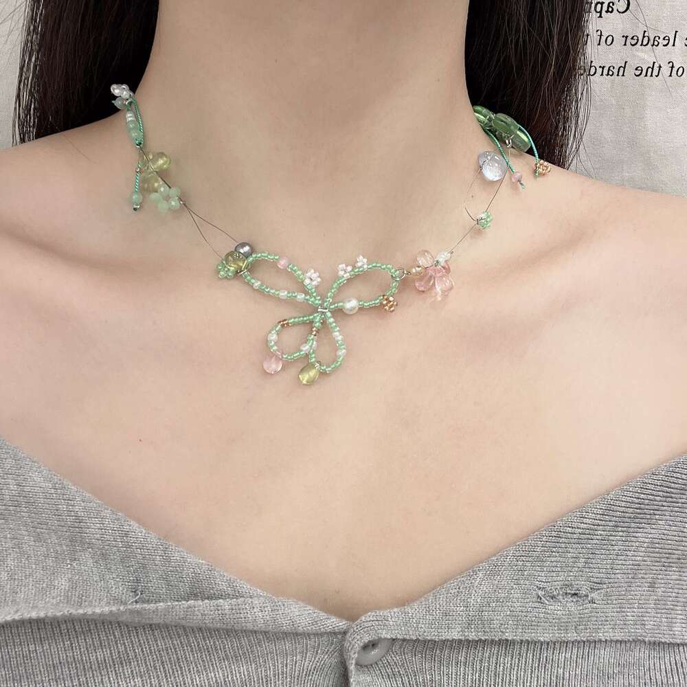 Girlish Summer Colorful Crystal Beaded Flower Bow Ballet Style Women's Collarbone Chain Necklace Niche Versatile aaa