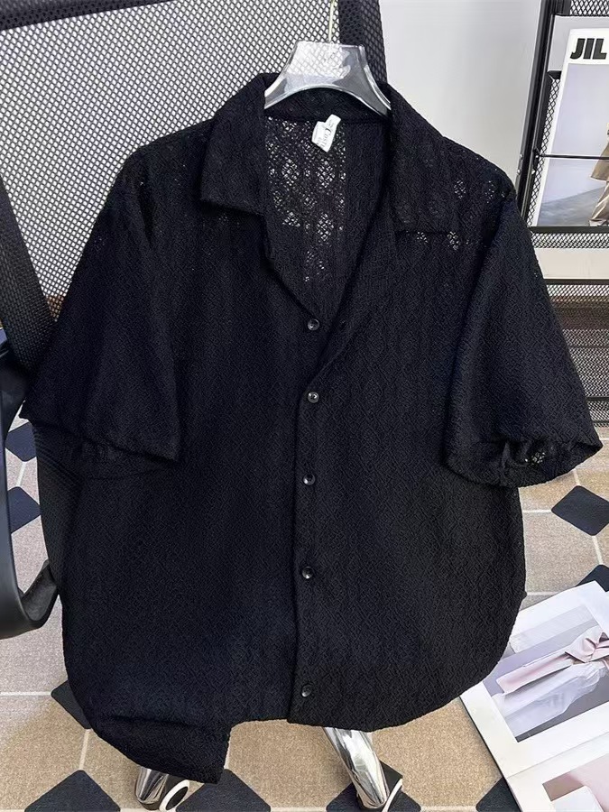 Thin breathable hollowed-out short-sleeved shirts for men and women, Korean advanced sense, Cuba collar five-point sleeve shirt, summer shirt