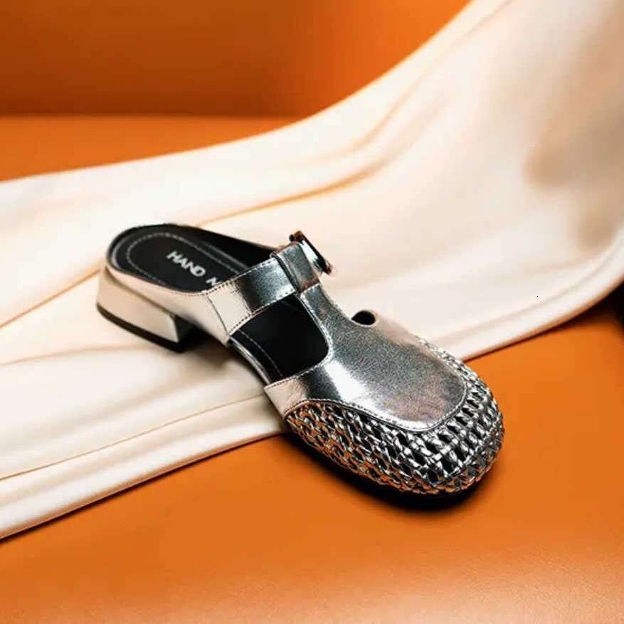 2025 New Genuine Leather Handmade Casual Versatile Fashion Hollow Mesh Flat T-Strap Closed-Toe Sandals for Women