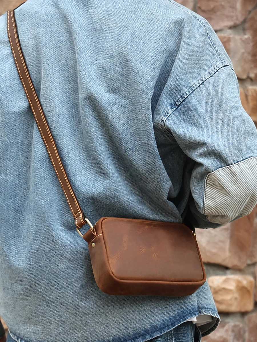 Crazy Horse Leather Messenger Bag Mens Leather Shoulder Bag For Mobile Phone Sling Bags For Men Woman Cross Body Bag Y250730