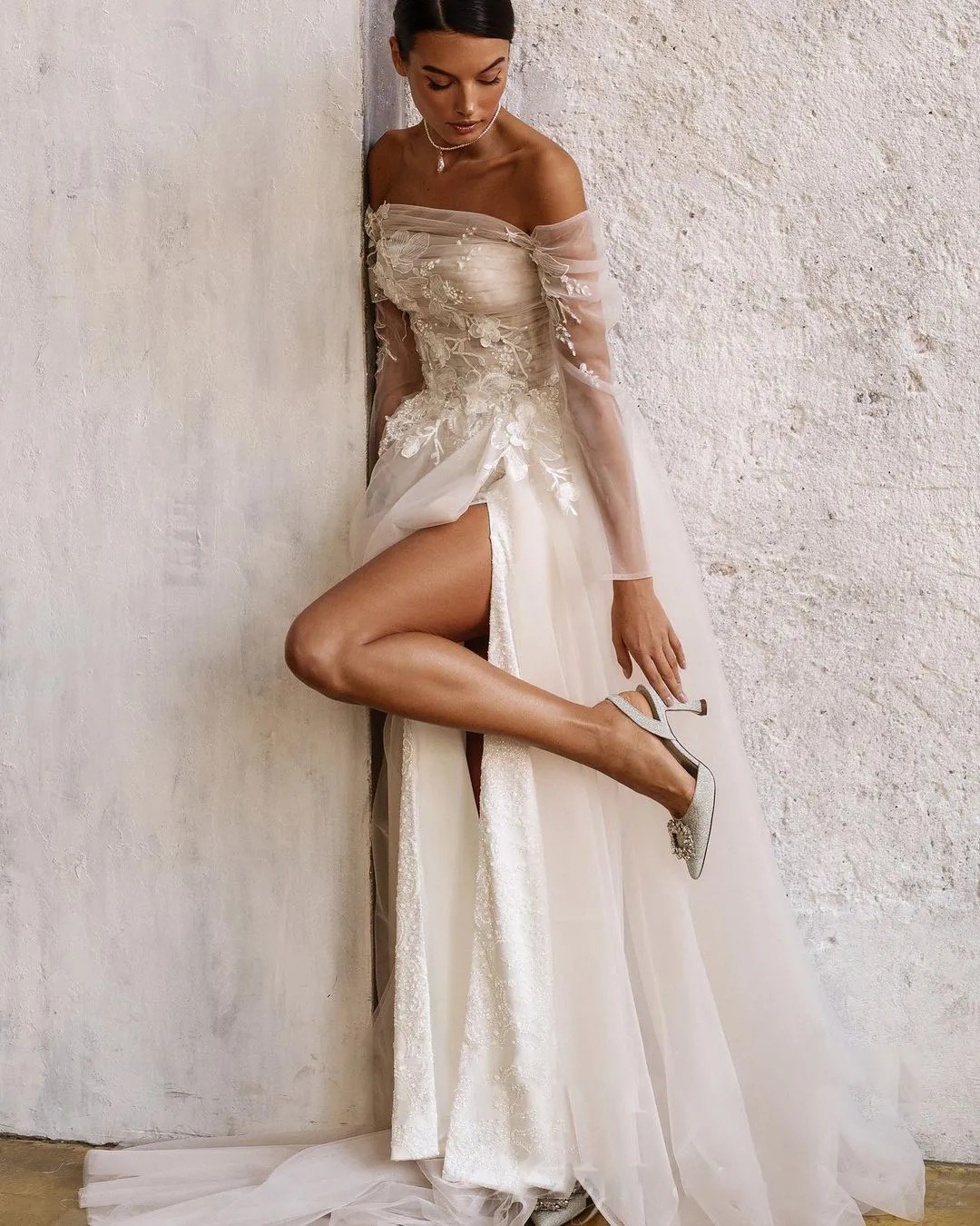 Off The Shoulder A Line Mermaid Wedding Lace Full Transparent Sleeve Bridal Gown High Split Tulle Dresses