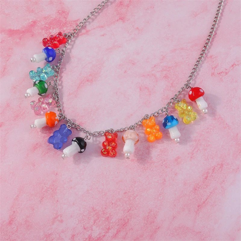 Fashion Mushroom Necklace Cartoon Candy Color Resin Animal Bear Pendant Necklace for Women Girl Party Jewelry Gifts 250729