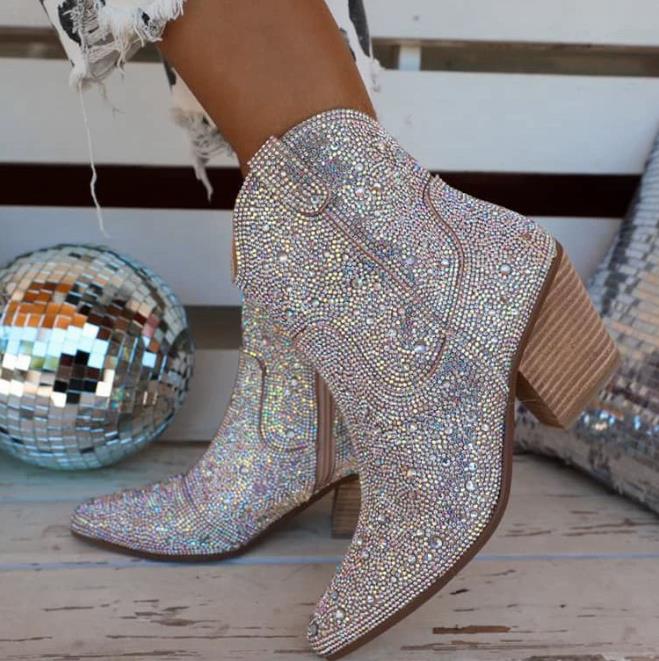Boots Western Cowgirl Boots Women Pointed Toe Chunky High Heel Glitter Boots Fashion All Match Shiny Sparkle Booties Mujer 230829