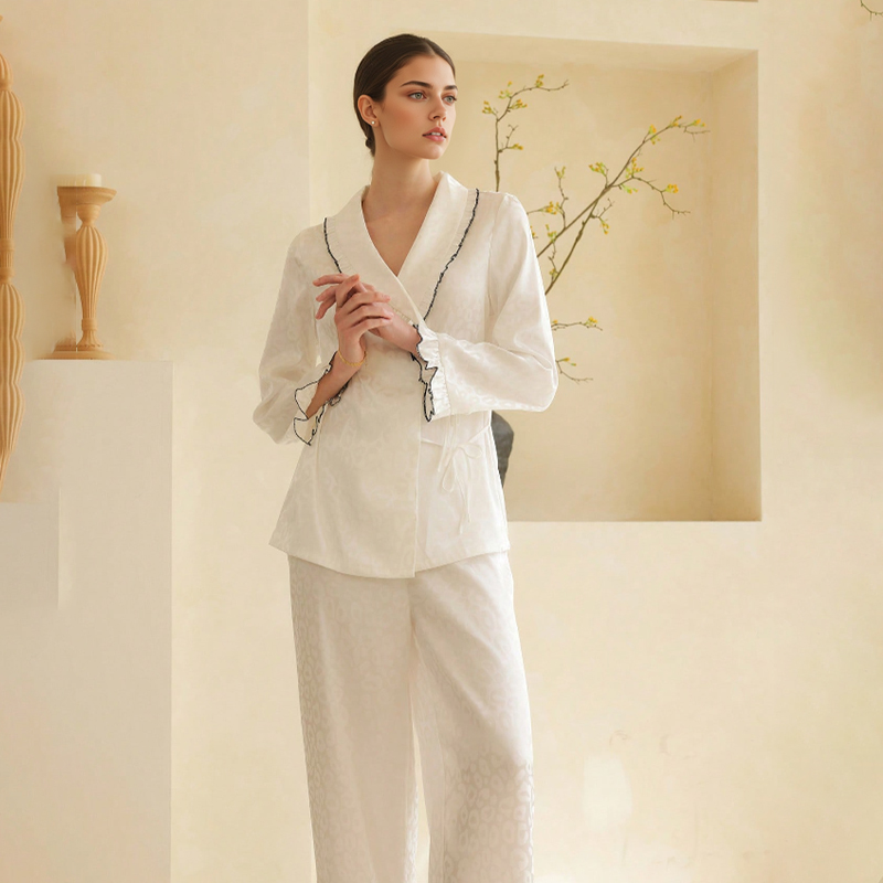 2025 New Women's Spring and Autumn Silk Color Brocade Leopard Print Jacquard Tie-up Long Sleeve Long Pants Pajama Set Homewear