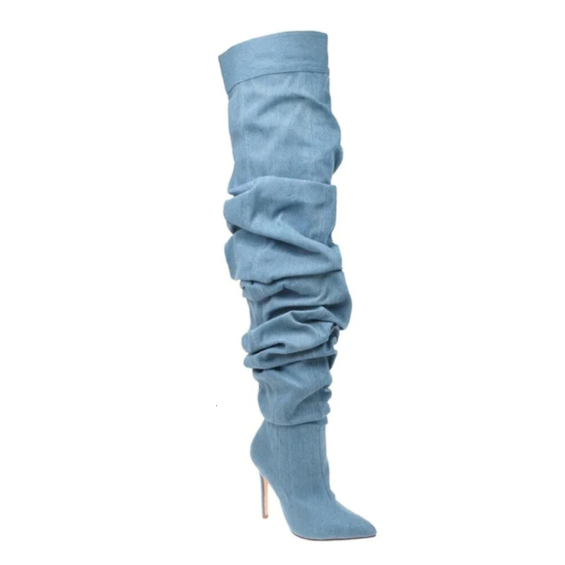Fashion wrinkle demin women over knee boots sexy thin heel zipper women long boots 250729
