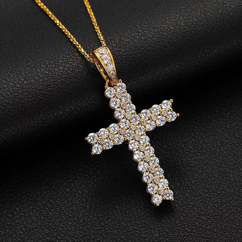 Best Selling Jewelry 925 Sterling Silver 2 Row VVS Moissanite Diamond Iced Out Hip Hop Cross Pendant Necklace