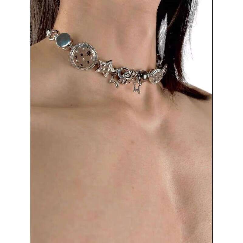 FUXIN Chinese Punk Star Titanium Steel Necklace Niche Design Exquisite Vintage Button Splicing Choker f95
