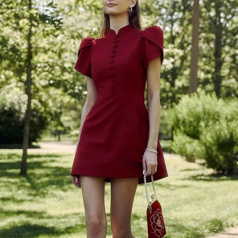 Talenza Evening Summer Pink Stand Neck High Waist Bubble Sleeve A-line Elegant Patchwork Fashion Women Dress dongdumaoyi