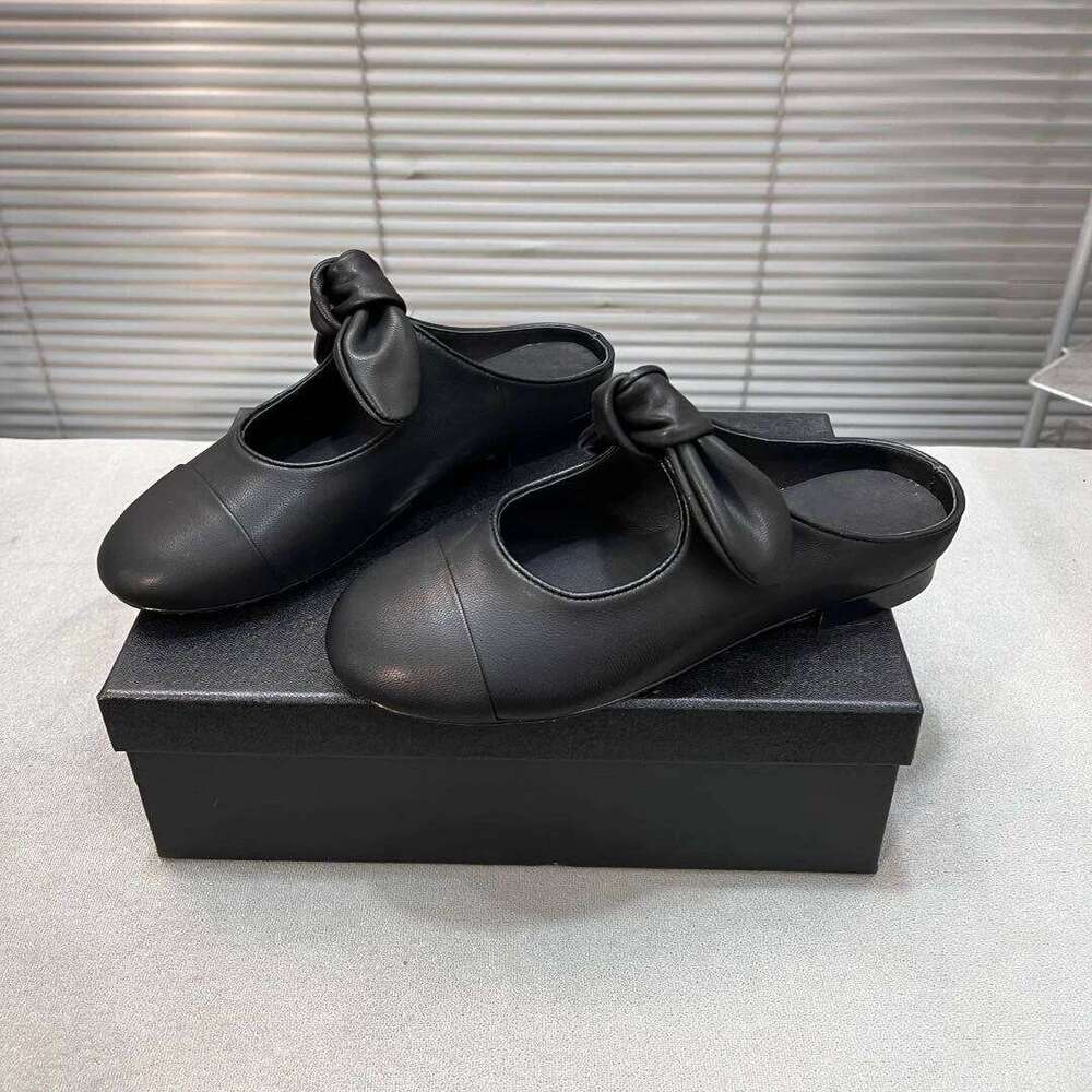 New Women Size35-41 Genuine Leather Slippers Low Heels Butterfly Knot Mules Round Toes Designer Shoes Zapatillas De Mujer 74f
