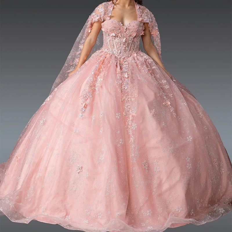Pink Shiny Quinceanera Dresses Ball Gown Off The Shoulder Applique Lace Beads Tull With Cape Party Birthday Sweet 16 Dress Vestidos 15 Anos