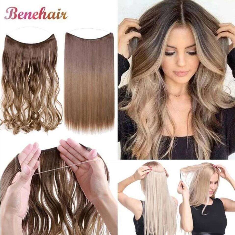 BENEHAIR Synthetic Invisible Wire No Clips In Secret Fish Line Hairpieces Extensions Fake Hair For Women