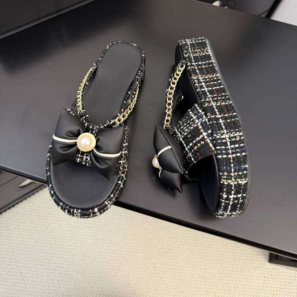 Women Size34-41 Flip-Flops Chain Pearls Butterfly Knot Slippers Flat Platform Slides Designer Shoes Zapatillas De Mujer 9c1