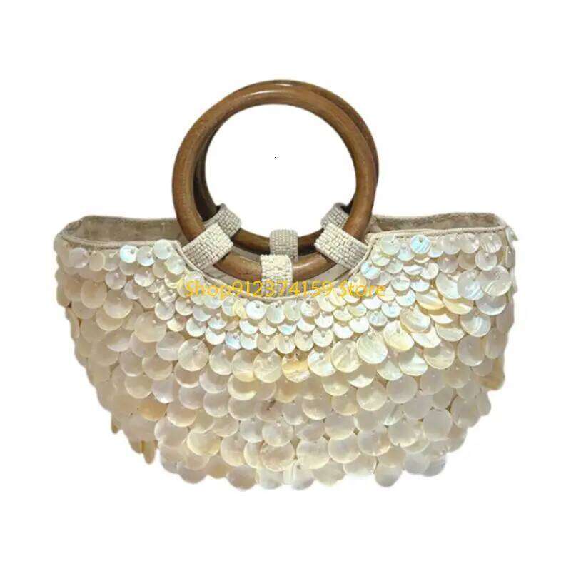 G5AE Elegant Beaded Shell Design Top Handle Purse Bohemian Handmade Handbag For Vacation Essential And Casual Ocn