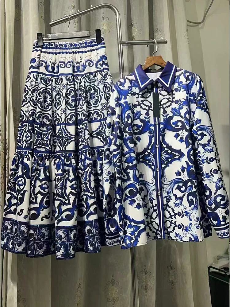 Retro lapel long sleeve geometric print shirt elastic waist big swing skirt spring and summer womens two-piece fashion suit 250728