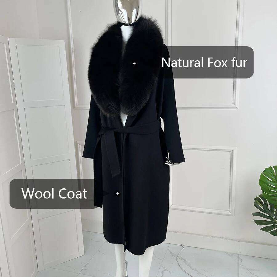 Designer Clothing Real Women Long Cashmere Coat Natural Fox Fur Coats Autumn Winter New Women's Wear Fashion