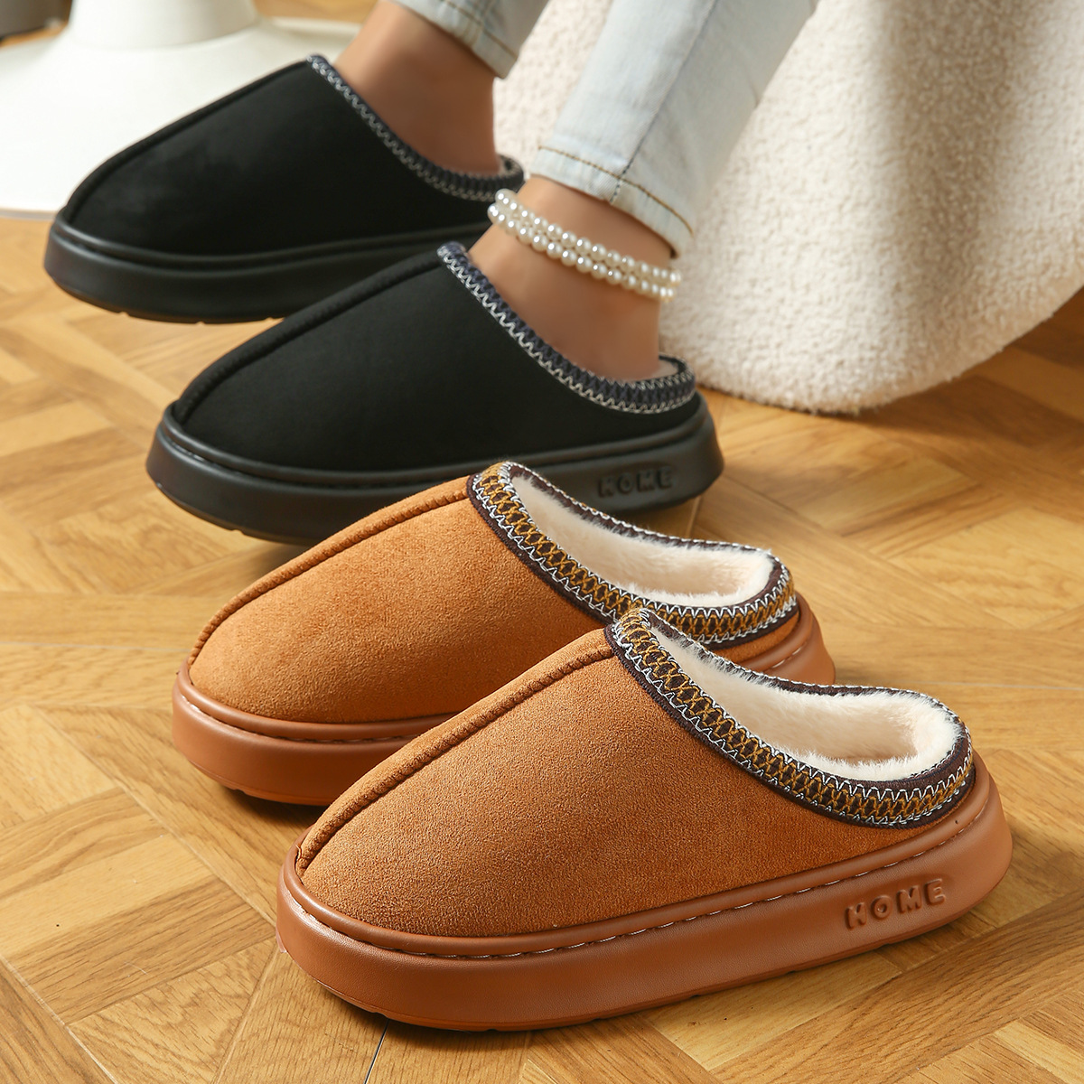 free shipping designer of Jing's new solid-color faux deerskin fleece patchwork home slippers