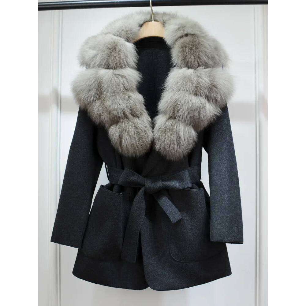 Designer Clothing Janveny New Winter Cashmere Wool Blends Women 100% Natural Fox Fur Collar Cuffs Slim Fit Suit Double Sided Woolen Trench Coat Fashio