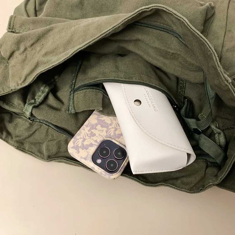 Washed Canvas Shoulder Bags Large Capacity Cotton Biker Bags Korea Style Cloth Satchels Women 100% Cotton Pastoral Tooling Bags Y250730