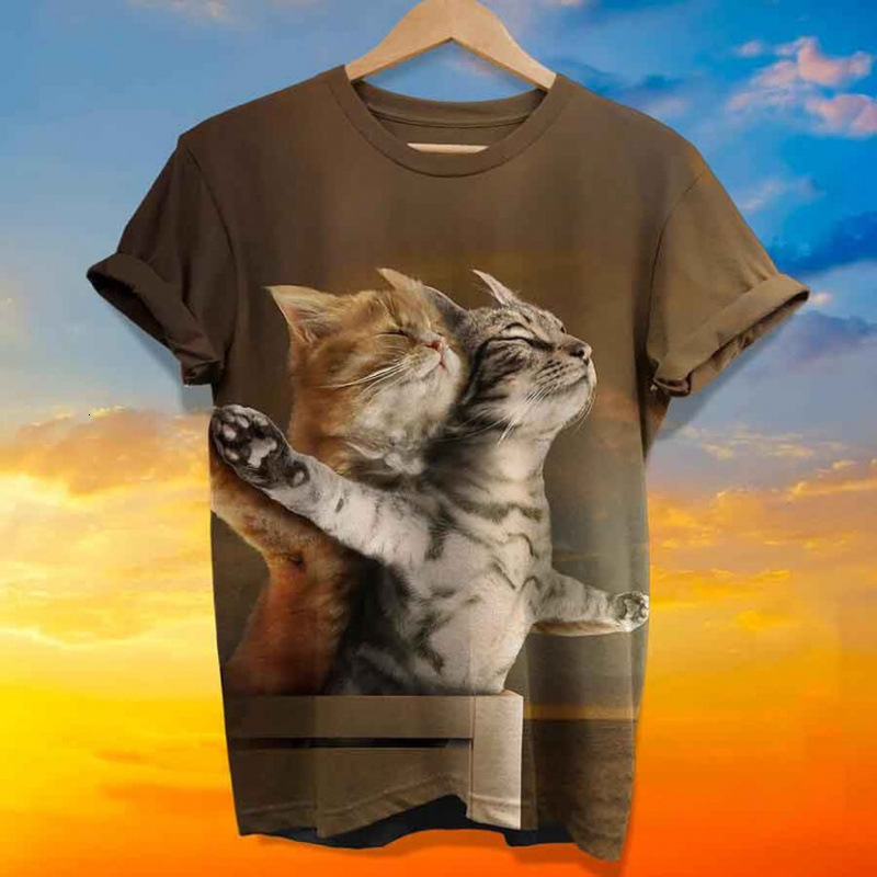 2025 Europe and America Hot selling Women's S Round Neck D Cartoon Cat Digital Printed Short Sleeve New T-shirt New Designer T-shirt