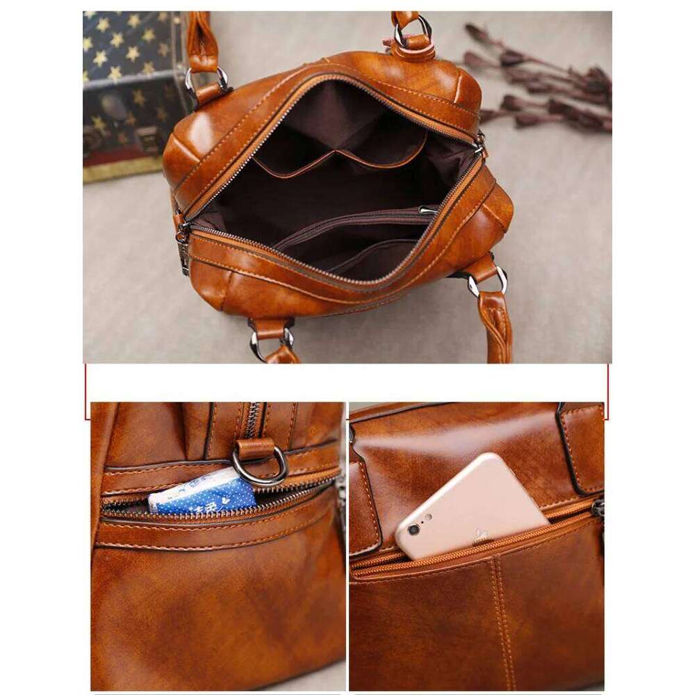 Women's New Brand Retro Oil Wax Leather Handbag Simple Fashion Messenger Ladies Elegant Crossbody Shoulder Bag OLOEY