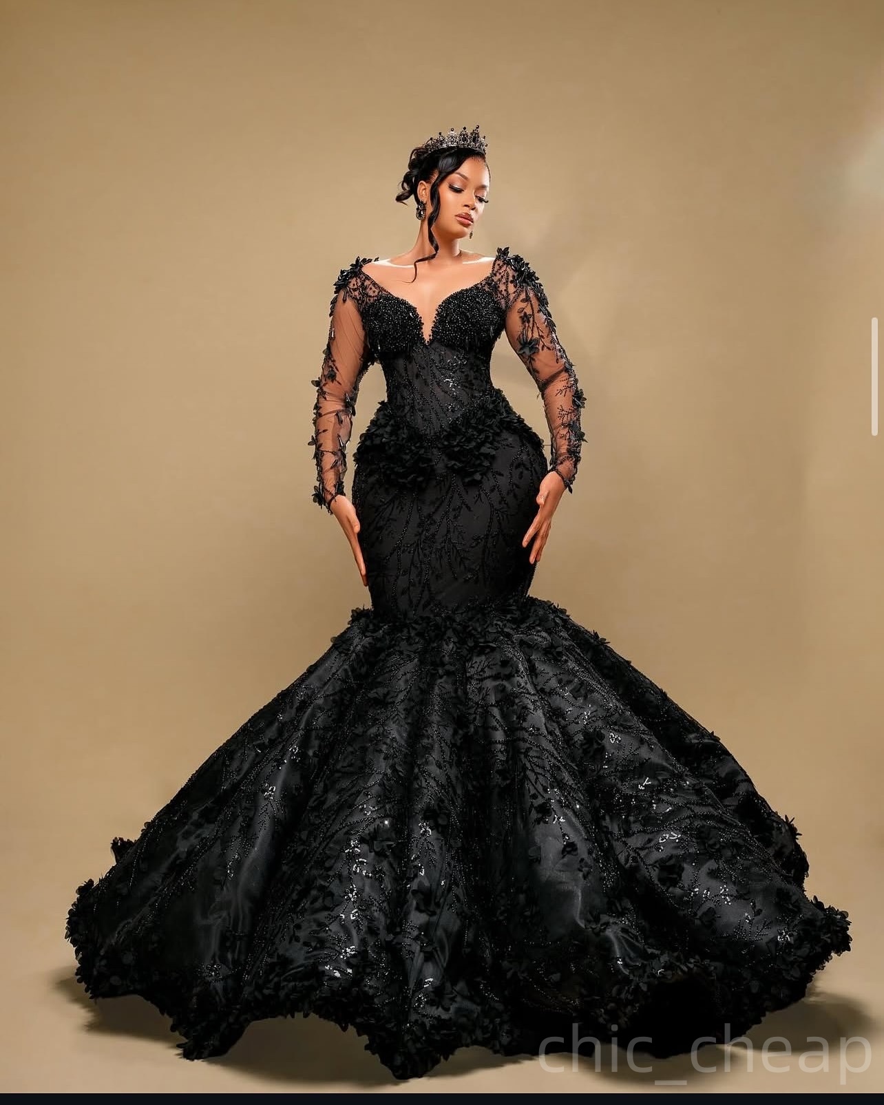 Black Mermaid Prom Dresses 2025 3D Floral Lace Pearls Full Sleeves Evening Formal Party Second Birthday Engagement Gowns Plus Size Dress For Special O