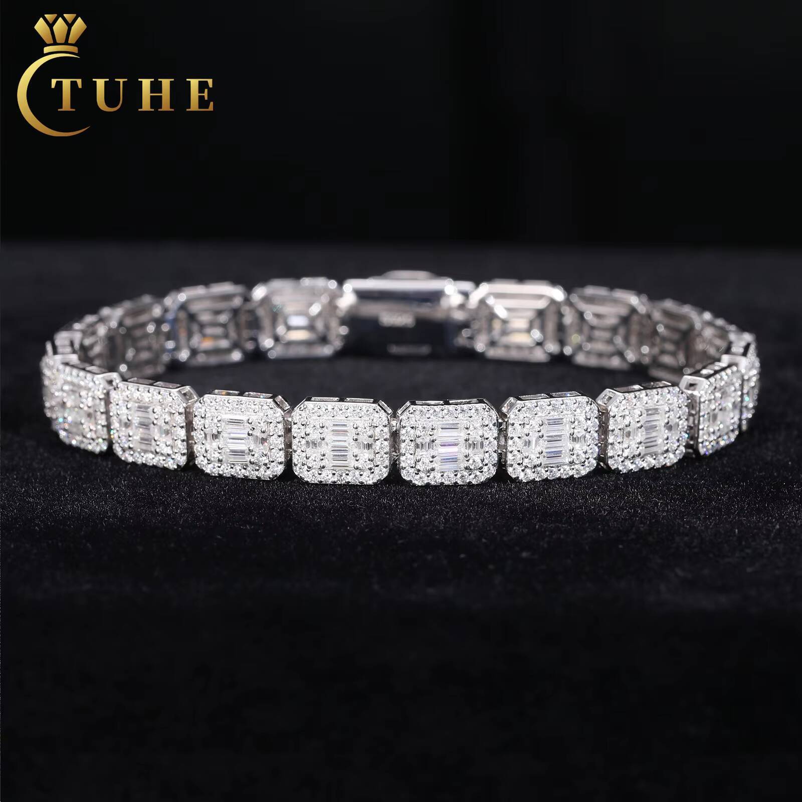 Fashion Hip Hop Jewelry 8.5mm 925 Sterling Silver VVS Baguette Moissanite Diamond Iced Out Sugar Tennis Bracelet for Men