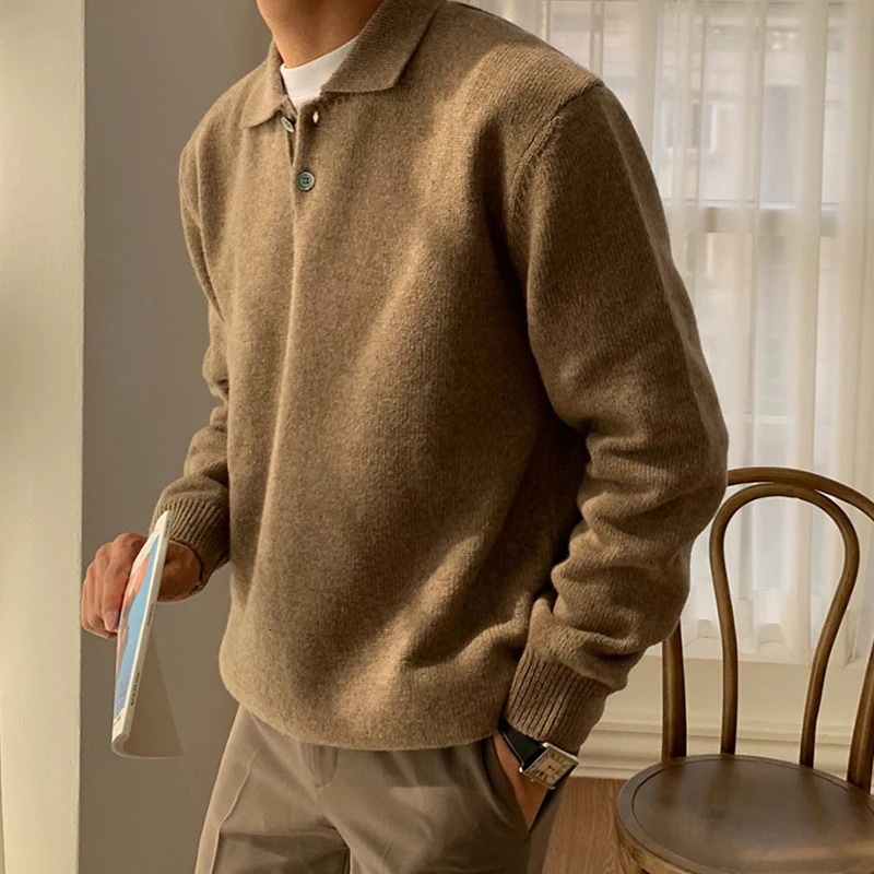 Autumn Winter Mens Knit Jumper Tops Casual Solid Color Button Lapel Sweaters Vintage Long Sleeve Sweater Polo Shirts 250731
