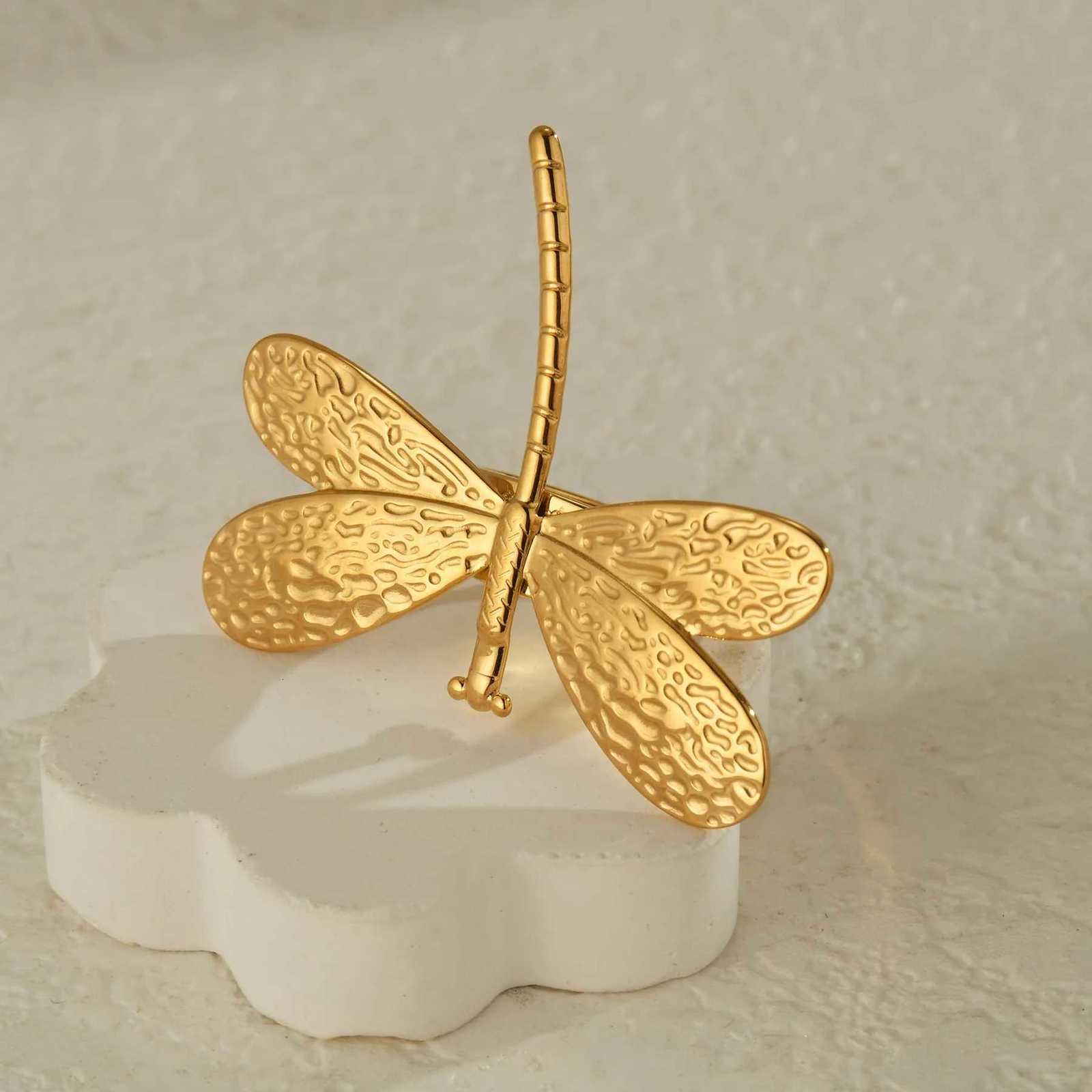 Trendy Vintage Exaggerated Big Dragonfly Open Rings for Women Men Stainless Steel Statement Gold Color Retro Ring Jewelry Gift y250730