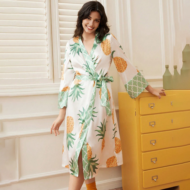 2025 New Women's Spring and Autumn Silk Satin Pineapple Print Long-Sleeved Long Nightgown Homewear