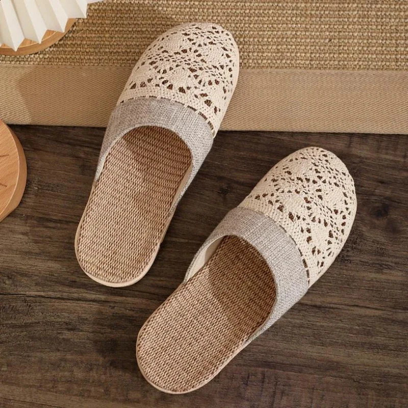 Women Indoor Linen Slippers 2025 Spring Summer Shoes Anti-slip Light Weight Breathable Lace Couples Home Floor Slides 250725