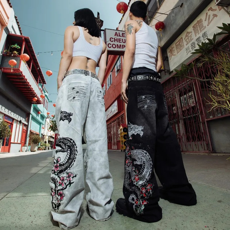 2K Fashion Street Vintage Hip Hop Oversized Pattern ed Baggy Jean Men Harajuku Rock Straight High Waist Wide Leg Pants 250731