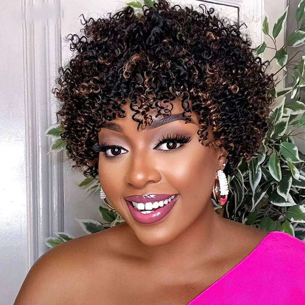 Highlight Human Hair Afro Wigs Black Women Short Pixie Kinky Curly for African American Full hine Wig