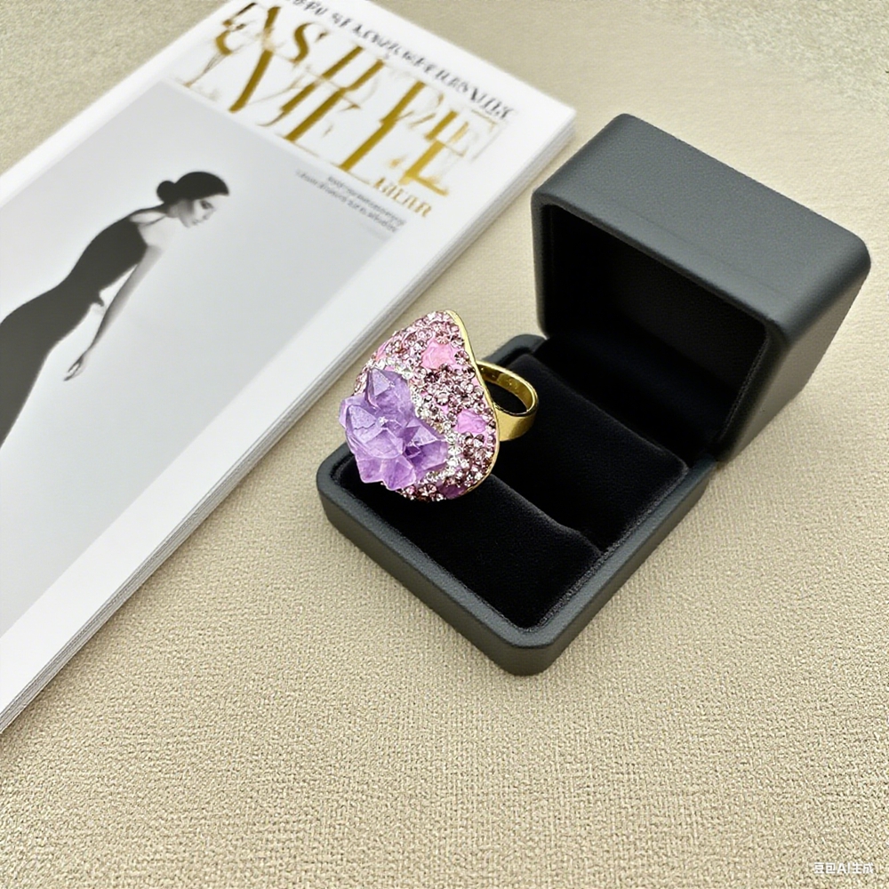 Rough Natural Amethyst Crystal Jewelry Set for Women Rhinestone Irregular Quartz Lucky Leather Bangle Rings Charm Necklace Sets