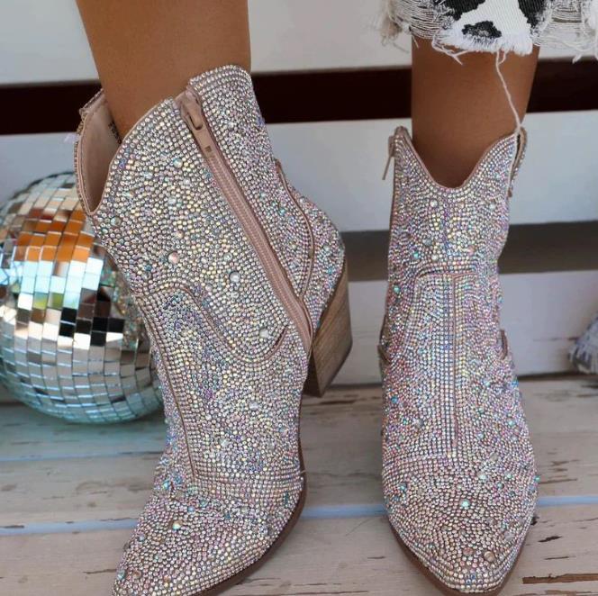 Boots Western Cowgirl Boots Women Pointed Toe Chunky High Heel Glitter Boots Fashion All Match Shiny Sparkle Booties Mujer 230829