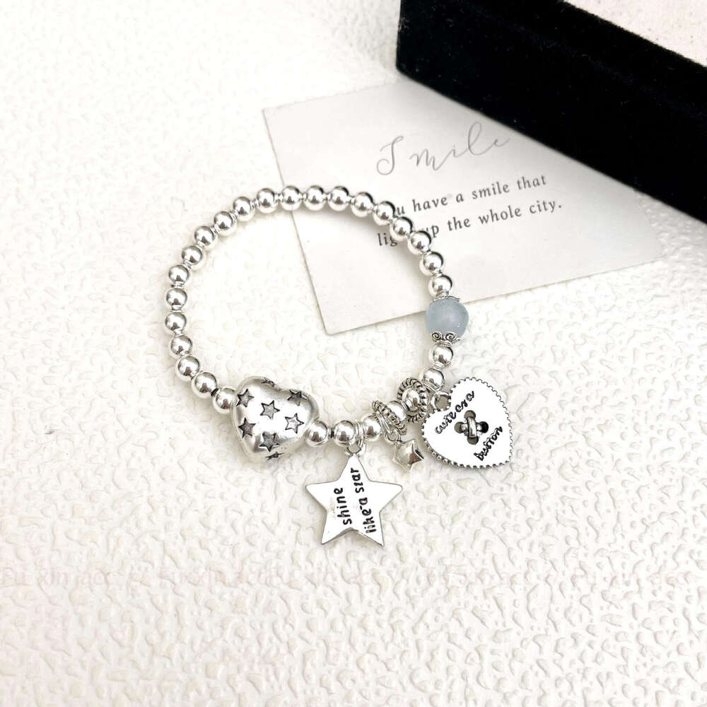 Korean Style Sier Heart Star Beaded Bracelet for Women, Light Niche Exquisite Design, High-end Fashion Versatile Jewelry ca1