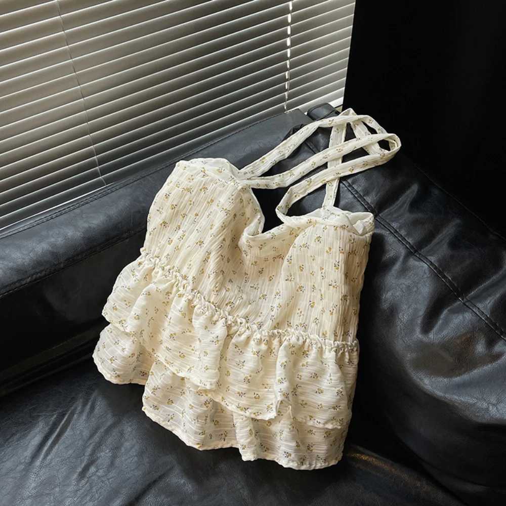 Women Large Capacity Tote Bag Korean Ins Floral Print Ruffles Soft One Shoulder Bags Daily Working Commute Underarm Packs Y250730